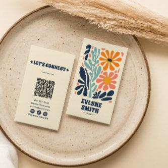 Retro Orange Blue QR Code Groovy Floral Boho Chic