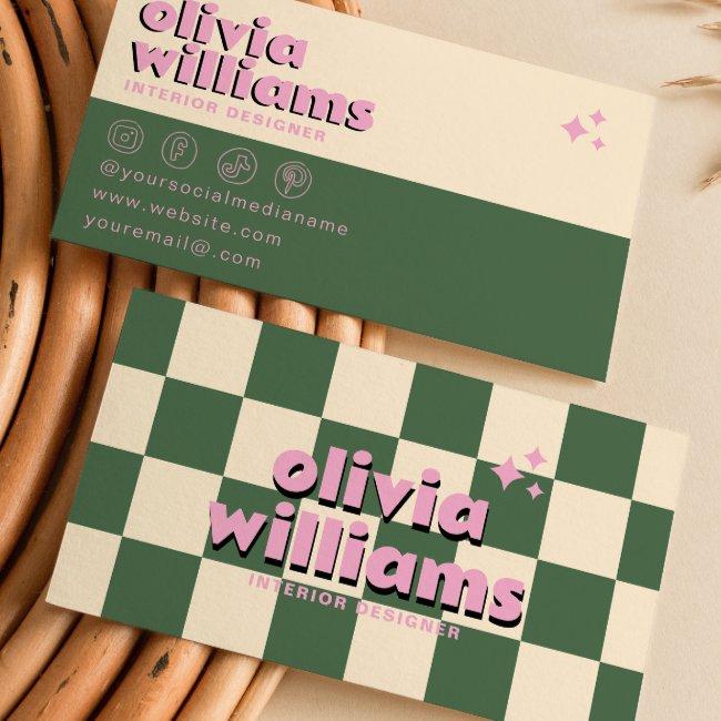 Retro Pink Green Colorful Groovy Checkered Funky