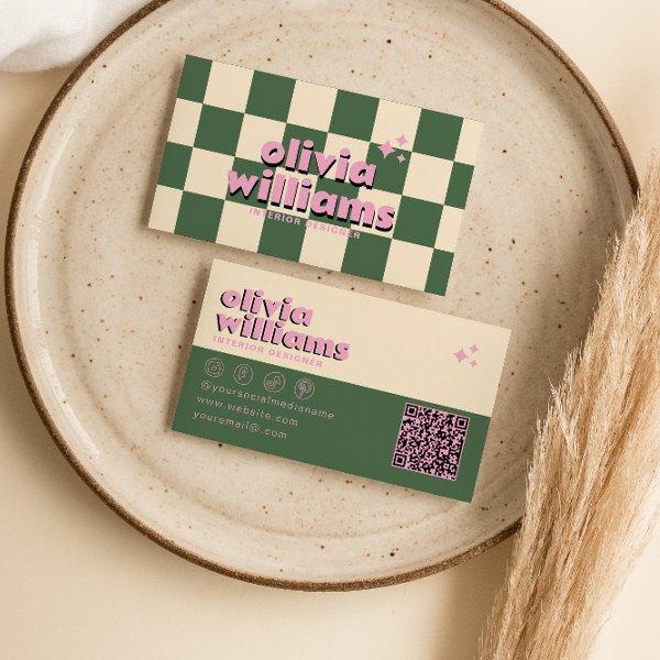 Retro Pink Green QR Code Groovy Checkered Funky