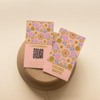 Retro Pink Green QR Code Groovy Floral Girly