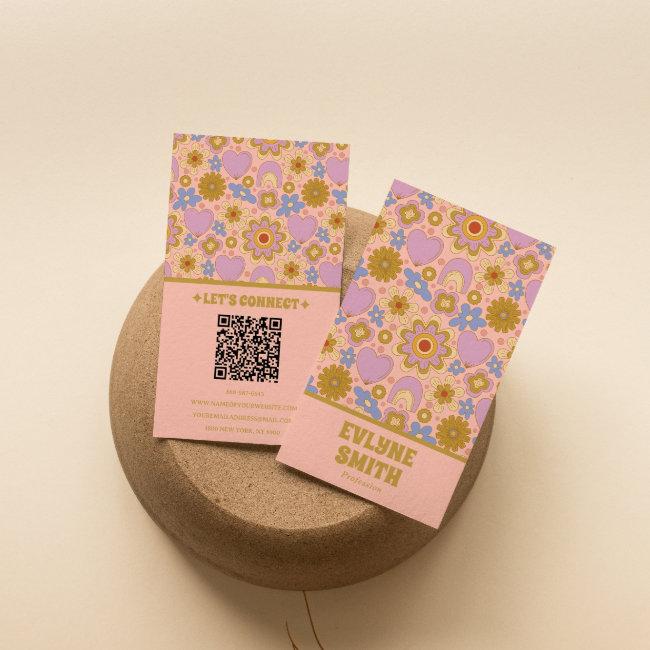 Retro Pink Green QR Code Groovy Floral Girly