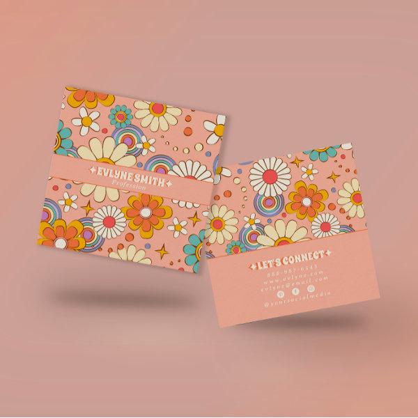 Retro Pink Orange Groovy Floral Boho Girly Trendy Square