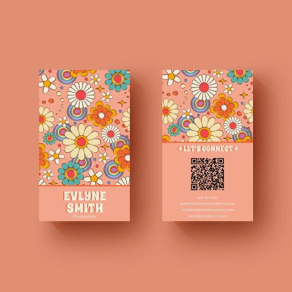 Retro Pink Orange QR Code Groovy Floral Trendy