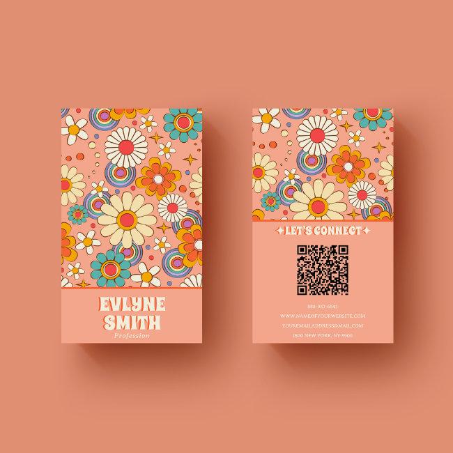 Retro Pink Orange QR Code Groovy Floral Trendy