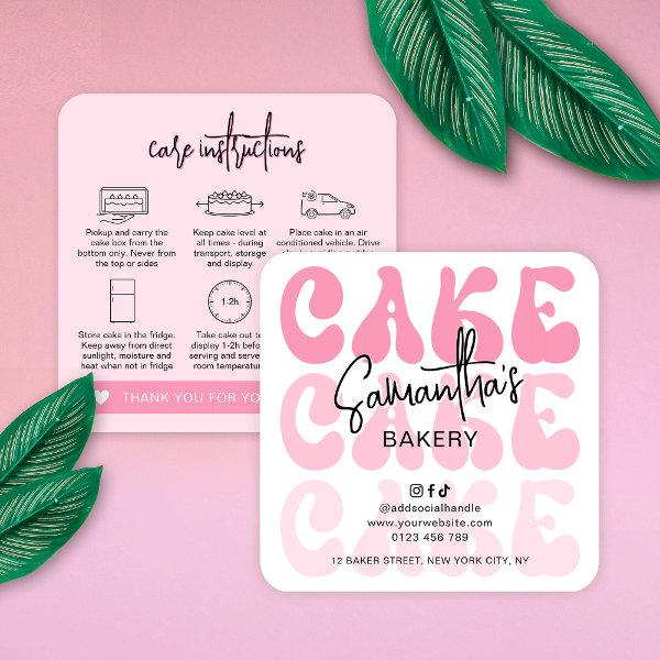 Retro Pink Trendy Girly Cake Care Instructions Square