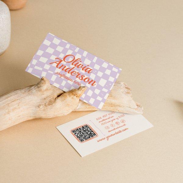 Retro Purple Hand Drawn Checkered Groovy QR Code