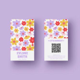 Retro Purple QR Code Groovy Floral Girly Boho