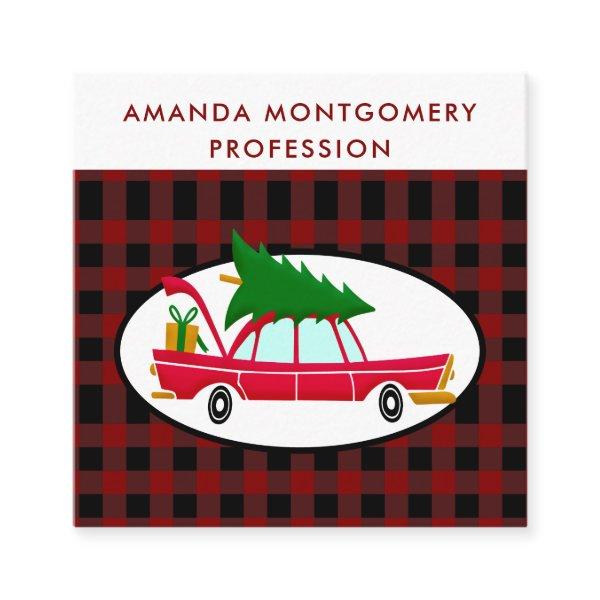Retro Red Car Carrying a Christmas Tree Square