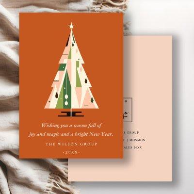 Retro Rust Geometric Christmas Tree Business Logo Holiday Card