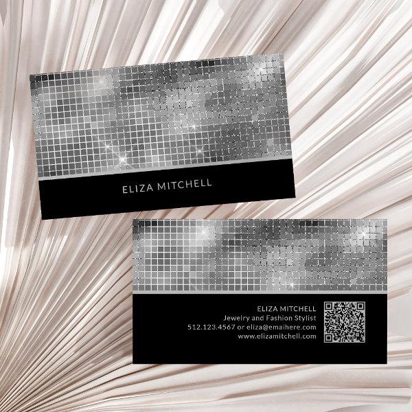 Retro Silver Gray Disco Ball Mirror | QR Code