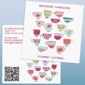 Retro Tea Cup Catering Bakery Cafe QR Code Square