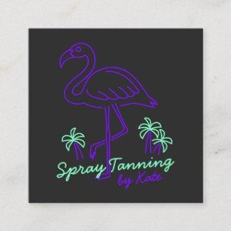 Retro tropical purple flamingo palm trees lineart square
