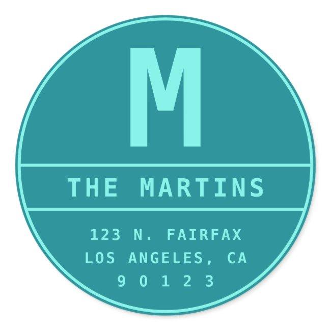 Return Address with Monogram | Teal & Turquoise Classic Round Sticker