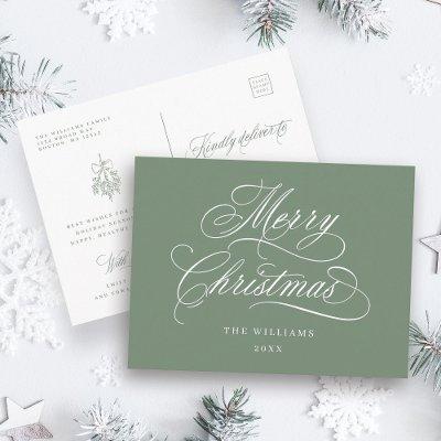 Romantic Merry Christmas Script Silky Sage Green Postcard