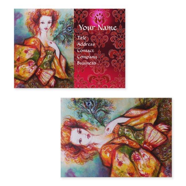 ROMANTIC WOMAN WITH PEACOCK FEATHER Red Damask