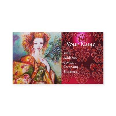 ROMANTIC WOMAN WITH PEACOCK FEATHER Red  Damask