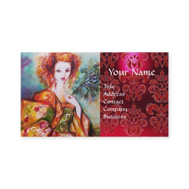 ROMANTIC WOMAN WITH PEACOCK FEATHER Red Damask