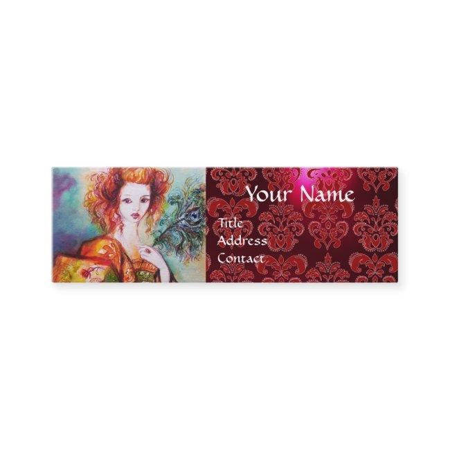 ROMANTIC WOMAN WITH PEACOCK FEATHER Red Damask Mini