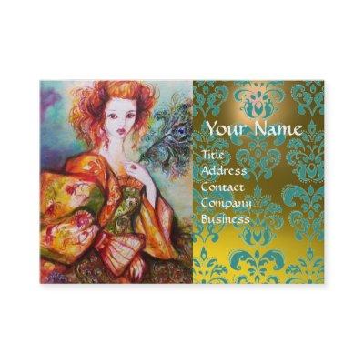 ROMANTIC WOMAN WITH PEACOCK FEATHER Yellow Damask
