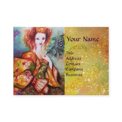 ROMANTIC WOMAN WITH SPARKLING PEACOCK FEATHER