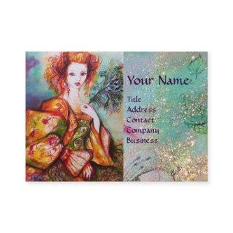 ROMANTIC WOMAN WITH SPARKLING PEACOCK FEATHER