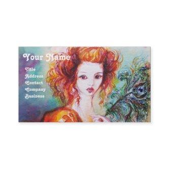 ROMANTIC WOMAN WITH SPARKLING PEACOCK FEATHER