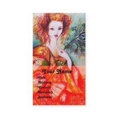 ROMANTIC WOMAN WITH SPARKLING PEACOCK FEATHER,red