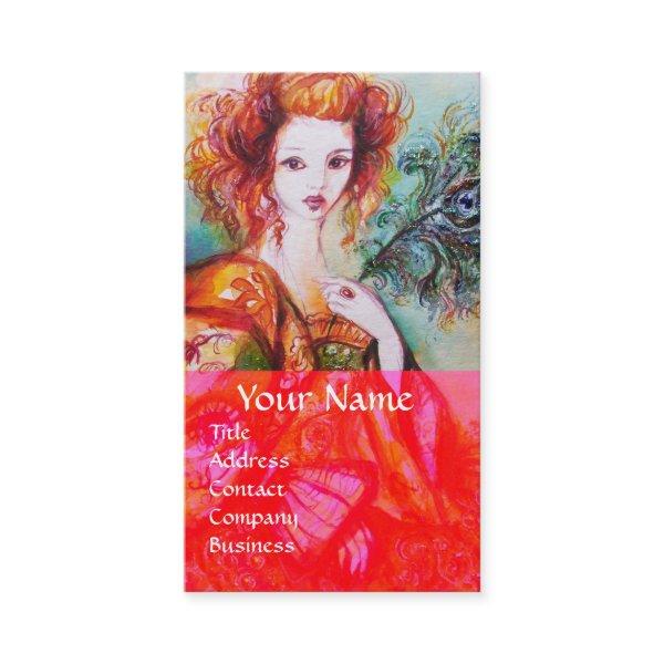 ROMANTIC WOMAN WITH SPARKLING PEACOCK FEATHER Red