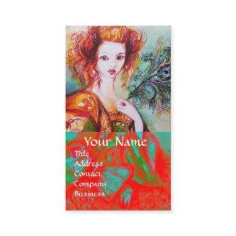 ROMANTIC WOMAN WITH SPARKLING PEACOCK FEATHER Red