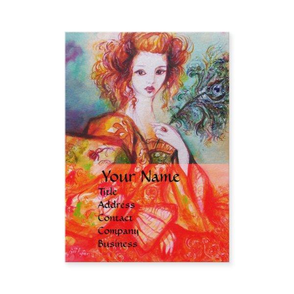 ROMANTIC WOMAN WITH SPARKLING PEACOCK FEATHER Red