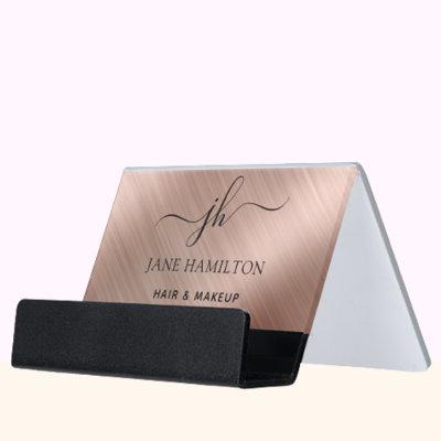 Rose Gold Brushed Metal Monogram Script Name Desk  Holder