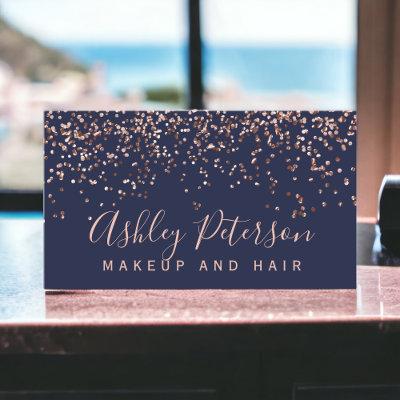 Rose gold confetti navy blue chic typography