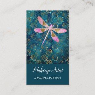 Rose Gold Dragonfly on Turquoise Floral Background