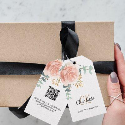 Rose gold floral monogram business QR code tag
