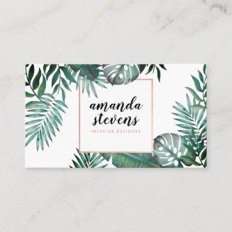 Rose gold foil white tropical green watercolor
