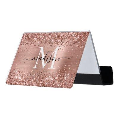 Rose Gold Glitter Brushed Metal Monogram Script Desk  Holder