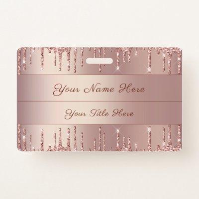 Rose Gold Glitter Custom Text Name Badge Template