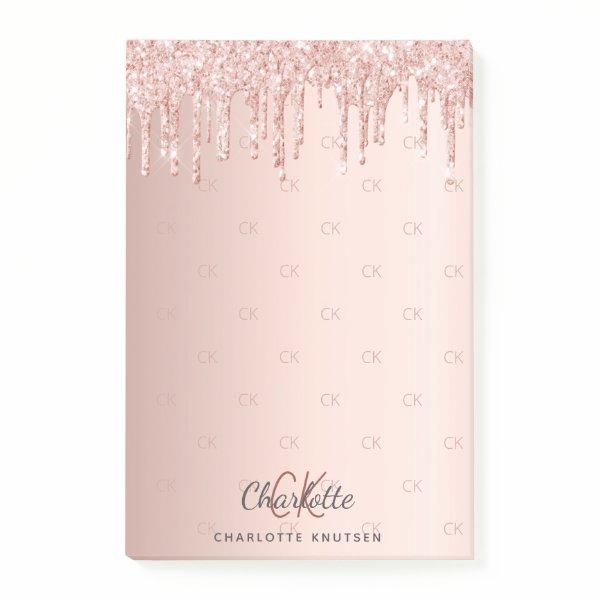 Rose gold glitter drip monogram initials post-it notes