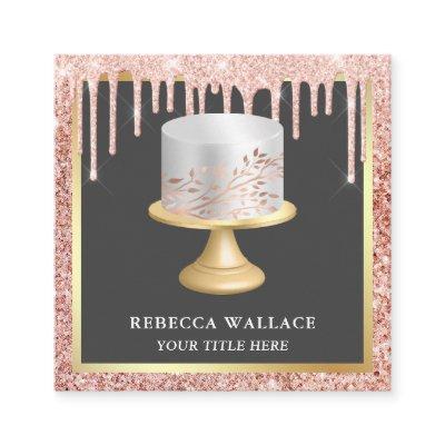 Rose Gold Glitter Drips Silver Leaves Cake Bakery Square