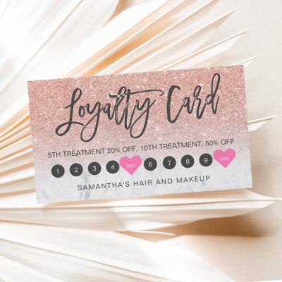 Rose gold glitter ombre script makeup marble 10 loyalty card