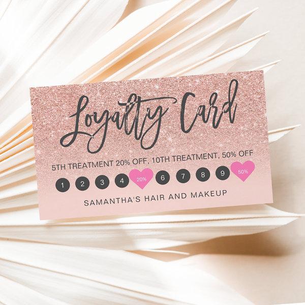 Rose gold glitter ombre script makeup pink 10 loyalty card