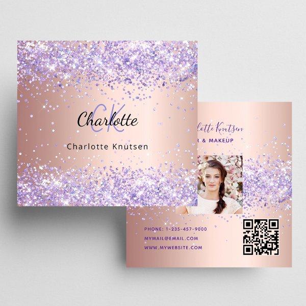 Rose gold lavender glitter photo qr code square
