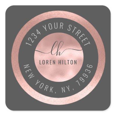 Rose gold modern circle monogram return address square sticker