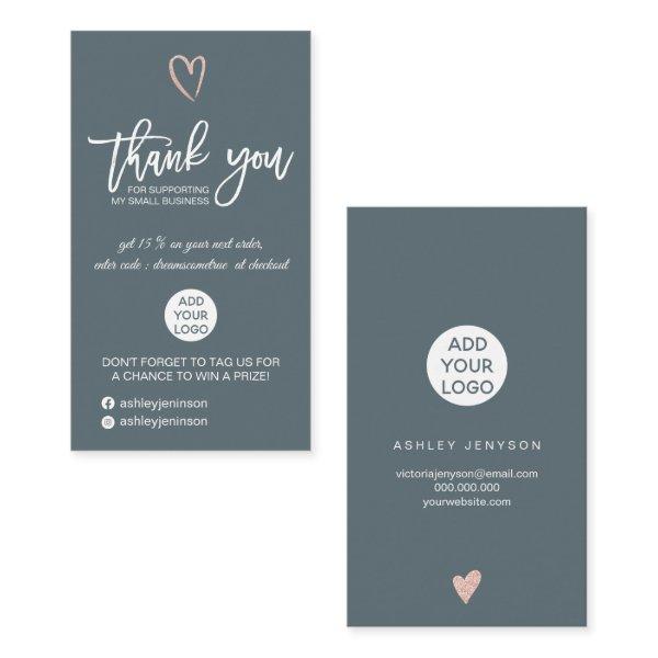 Rose gold script heart blue logo order thank you