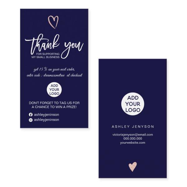 Rose gold script heart navy logo order thank you