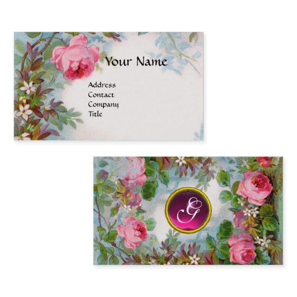 ROSES,JASMINES IN BLUE, PINK GEM MONOGRAM White