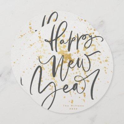 Round Happy New Year in grey handwritten text Holiday Card