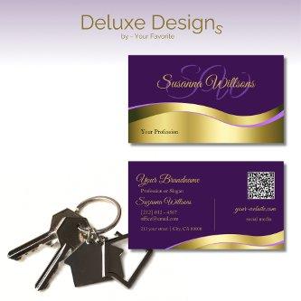 Royal Purple Wavy Gold Decor with Initials QR Code