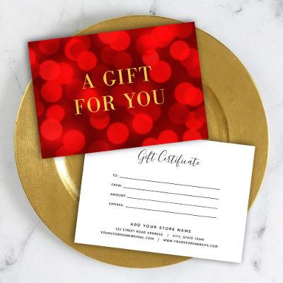Ruby Red Bokeh Lights Faux Gold Gift Certificate