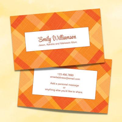 Rustic Autumn Orange Plaid Mom Play Date Personal Calling Card